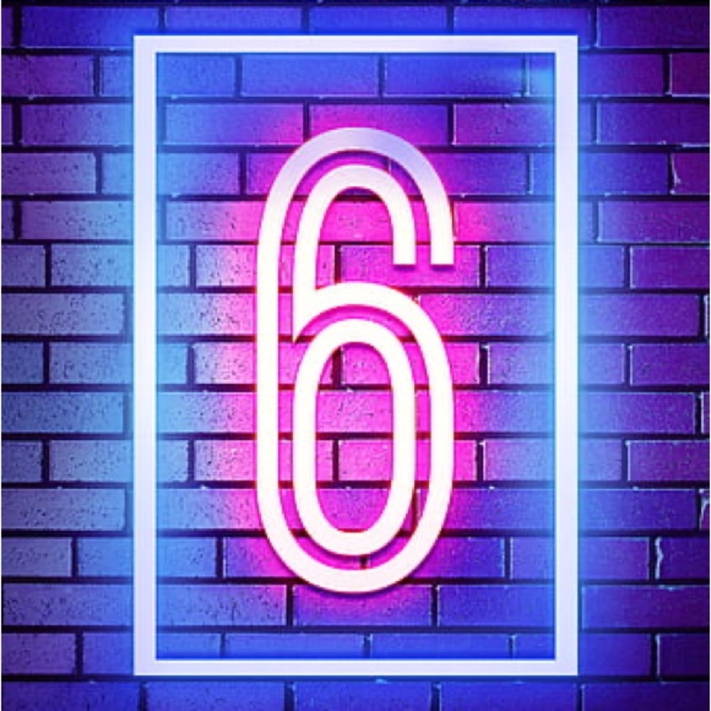 Neon Pink and Blue Number 6 Sign